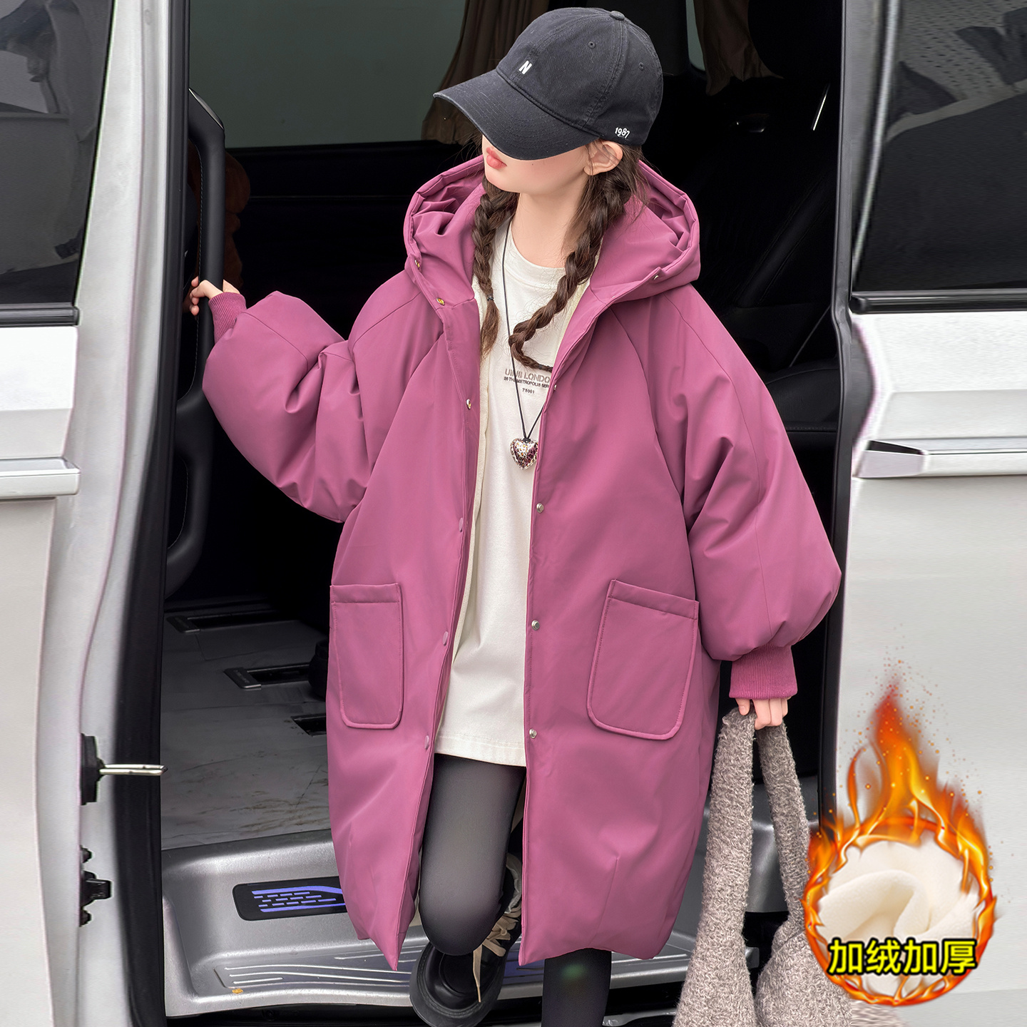 女童加绒棉服冬装儿童中长款棉袄