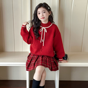 超好看女大童毛线衣红色年服套裙 儿童针织衫 女童毛衣2025新款 冬装