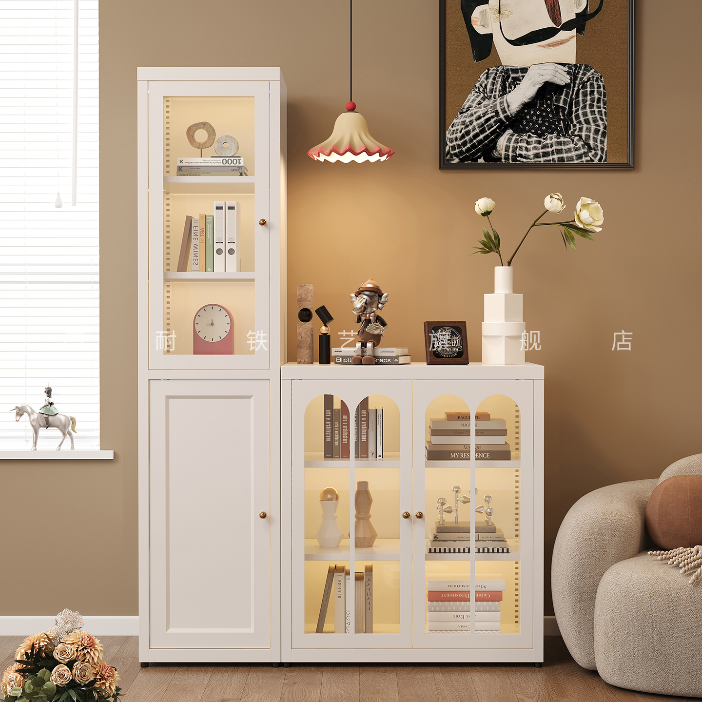 盛耐铁艺小书柜奶油风书架置物架