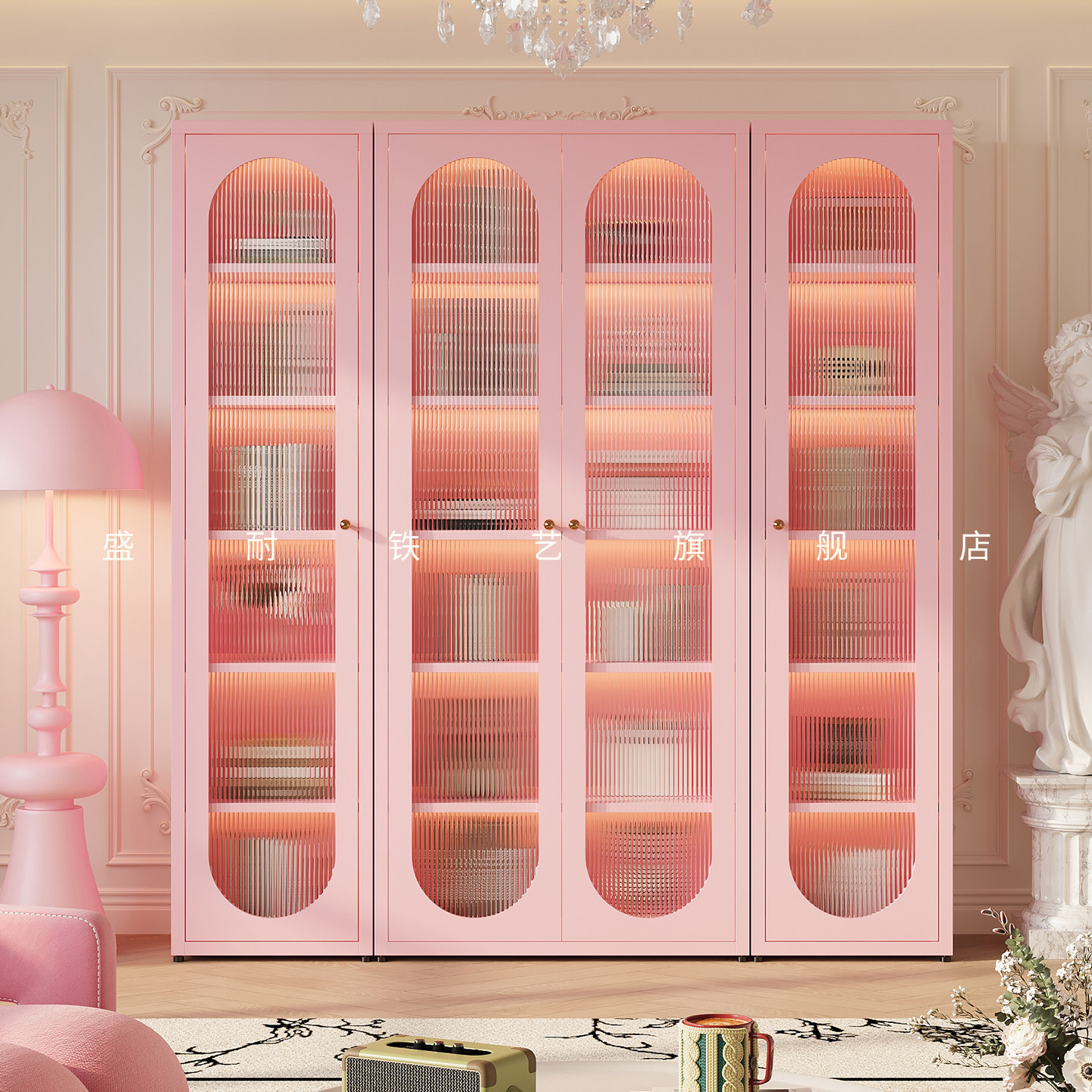 法式2米高书柜书架铁艺落地展示柜卧室玩具带门组合收纳柜置物柜