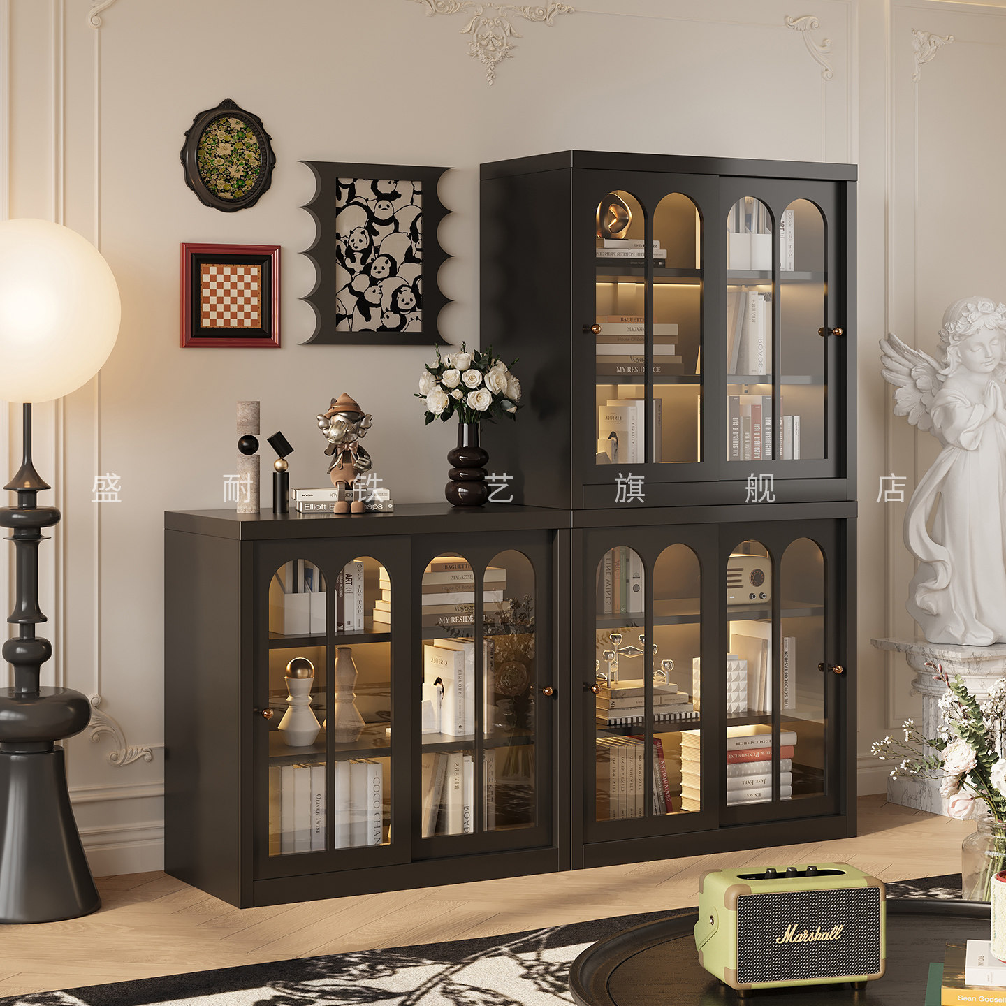 法式复古风家用推拉门组合书柜模块柜整墙落地书架客厅收纳储物柜