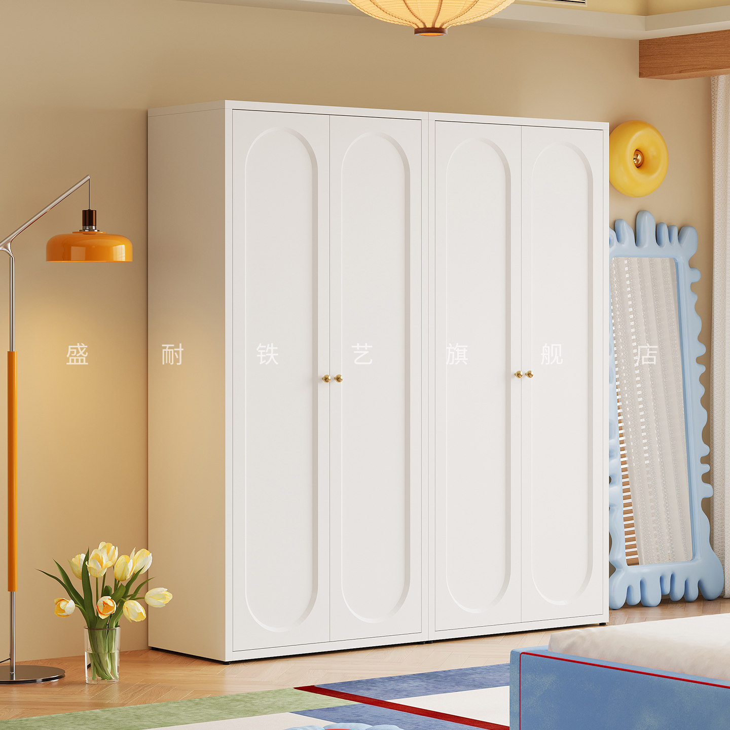 法式奶油风衣柜家用卧室轻奢无甲醛儿童铁皮衣橱组合玻璃门收纳柜