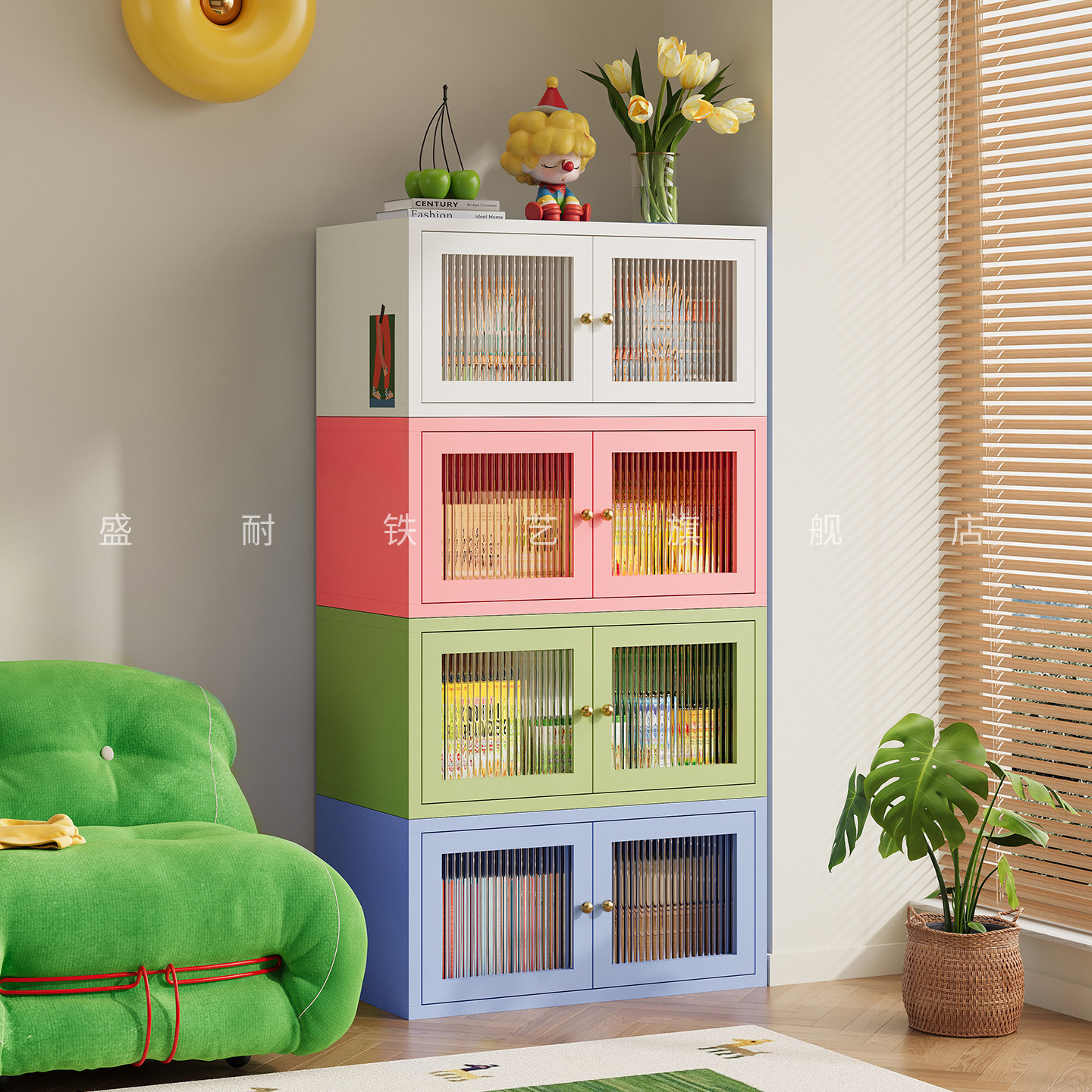 盛耐金属飘窗书架书柜一体收纳柜家用卧室客厅多功能铁皮柜置物柜