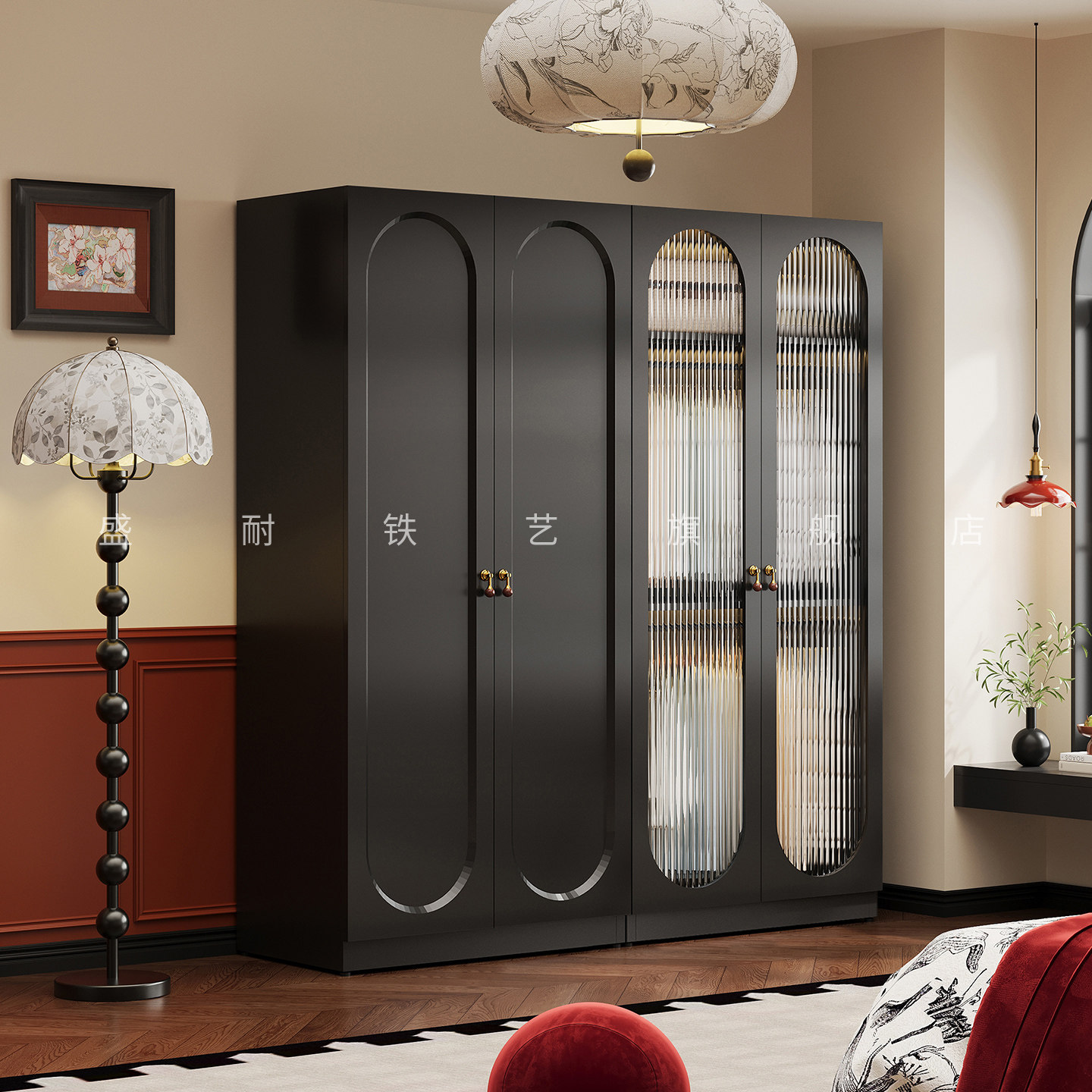 加厚复古风钢制小户型长虹玻璃衣柜对开门卧室靠墙家用衣橱收纳柜