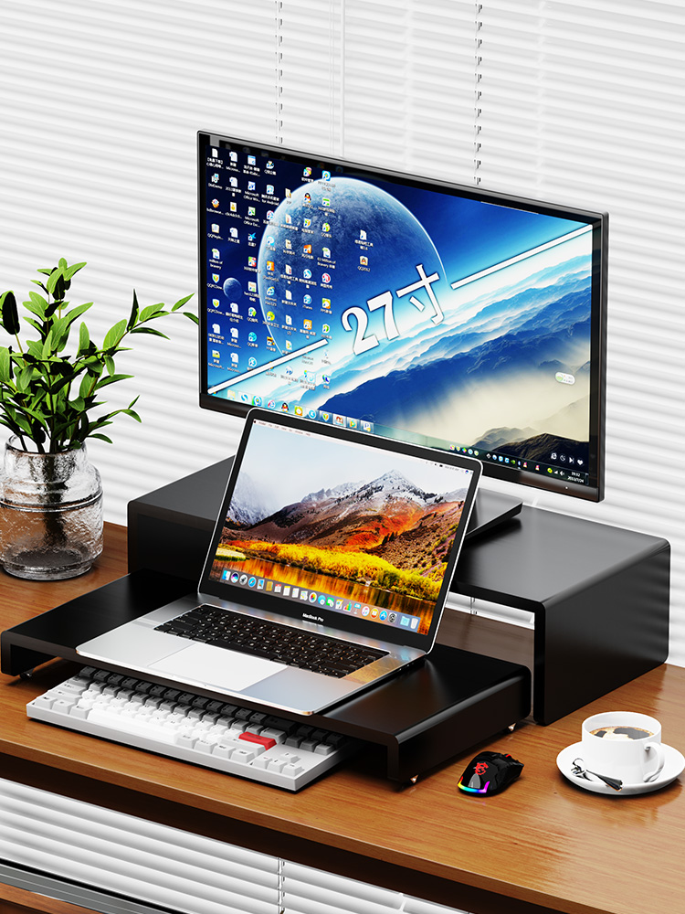 全实木桌电脑显示器屏幕双层高架笔记本电脑放置桌升高存储架