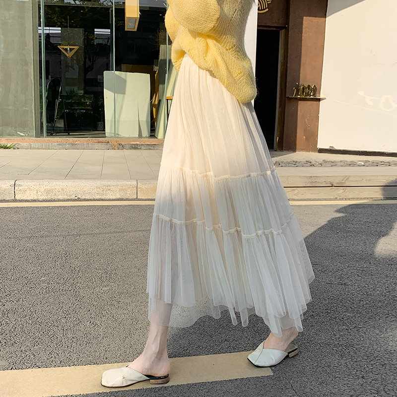2021春款女装杏色纱裙仙女半身长裙超仙大摆裙子中长