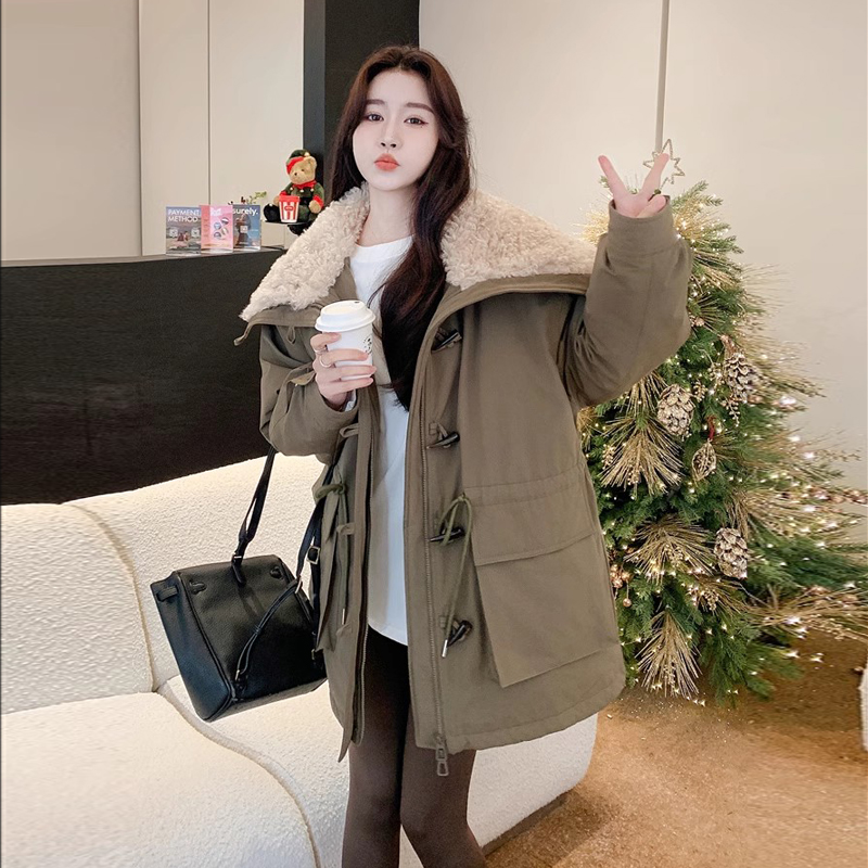 羊羔毛翻领棉服女中长款2025冬季新款复古保暖工装派克服棉袄外套