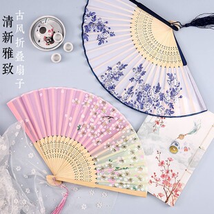 扇子跳舞专用古典古风扇子折扇夏季流苏款随身携带学生舞蹈小扇子