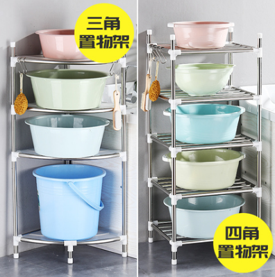 304不锈钢卫生间置物架落地式 家用浴室三角架厕所放脸盆收纳架子