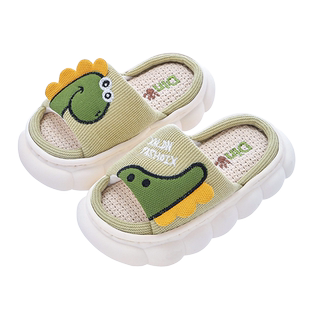 儿童亚麻拖鞋男童卡通可爱恐龙春秋四季室内家居防滑静音亲子凉拖