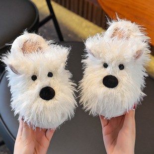 正版西高地儿童棉拖鞋男女童可爱卡通潦草小狗居家保暖防滑毛毛拖