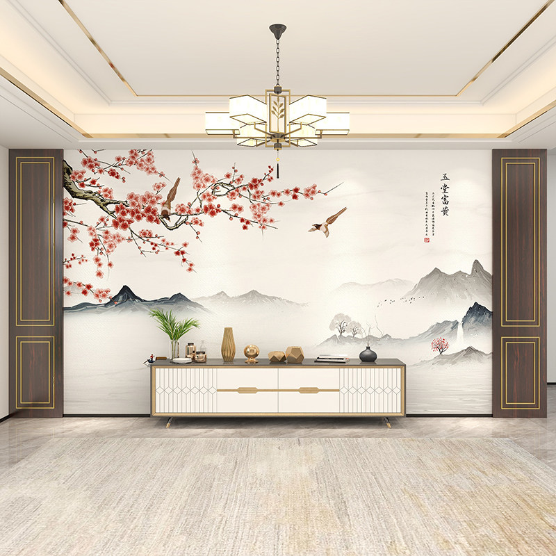 新中式梅花花鸟玉堂富贵电视背景墙壁纸客厅卧室影视墙布装饰壁画_虎窝淘