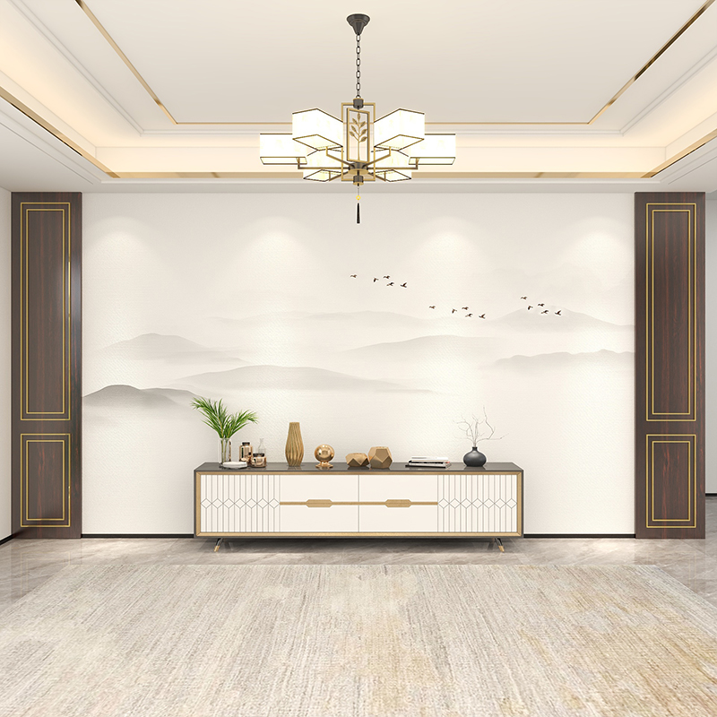 2023現代簡約新中式山水禪意電視背景墻壁紙壁畫客廳沙發裝飾墻布