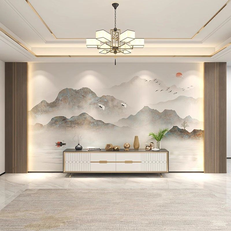 定制壁纸轻奢新中式水墨山水壁布电视背景墙壁画客厅沙发墙布墙纸_虎窝淘