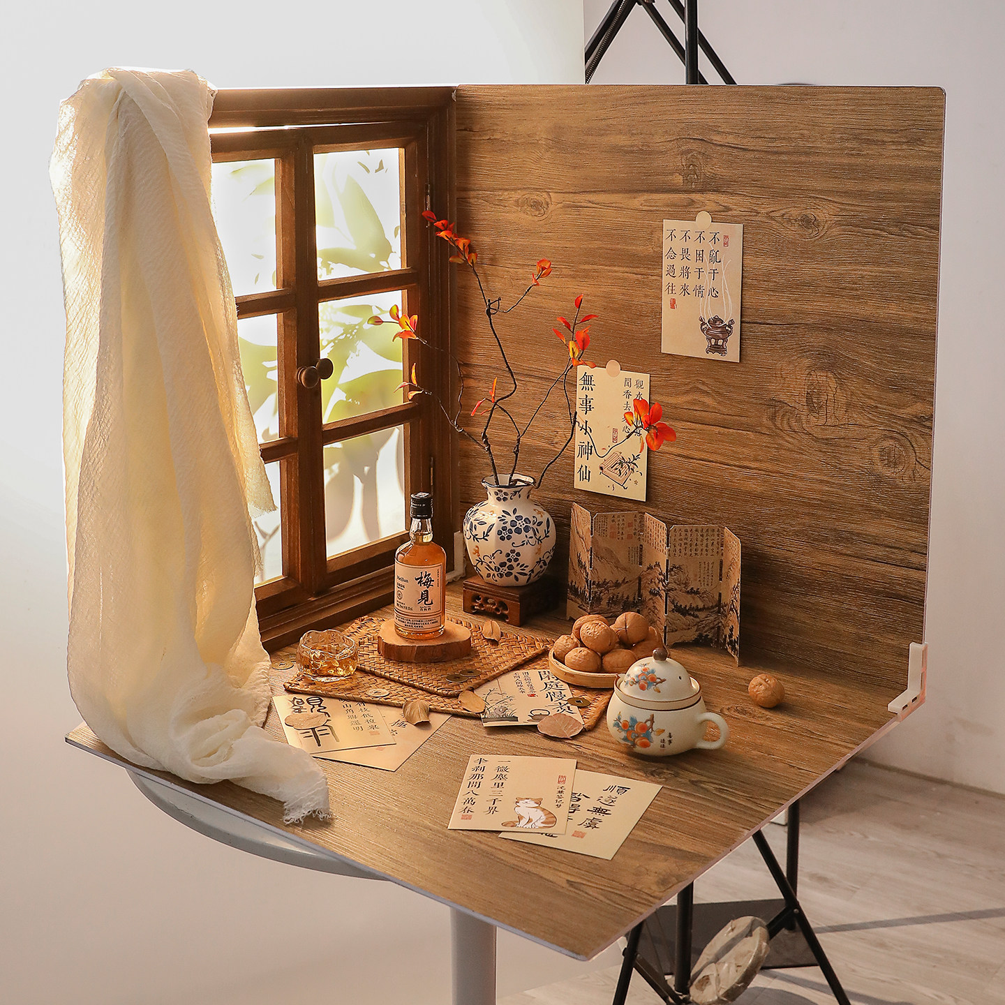 假窗户拍照道具做旧实木直播间场景布置新年氛围造景拍摄背景板