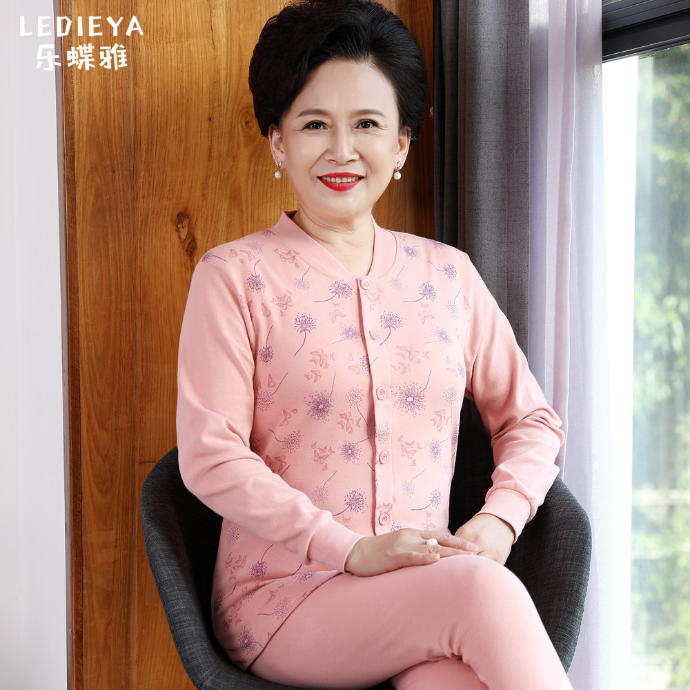 中老年人纯棉大码单件秋衣开衫女老太太开襟秋衣秋裤保暖内衣套装