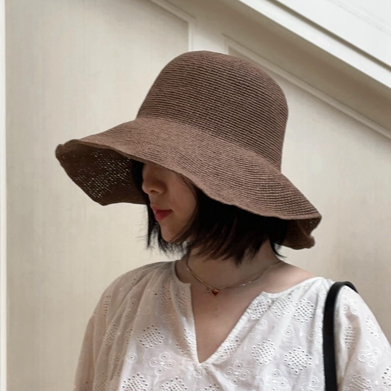 手工草编简约大帽檐草帽遮阳帽防晒帽洋气显脸小复古蓝色灰色女夏