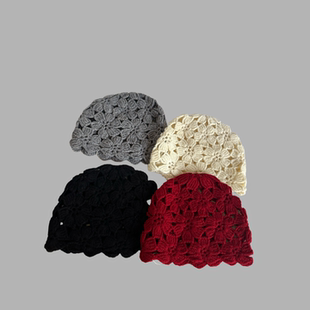羊毛手工钩花针织帽包头帽堆堆帽灰色时髦女士秋冬保暖旅游红色