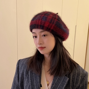 龙年新年红色格纹贝雷帽日本洋气兔毛保暖可爱灰色保暖显脸小女冬