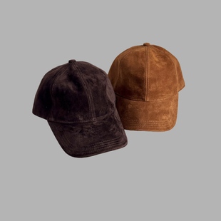 新款咖色棕色羊猄皮真皮棒球帽鸭舌帽洋气高级感保暖秋冬INS帽子