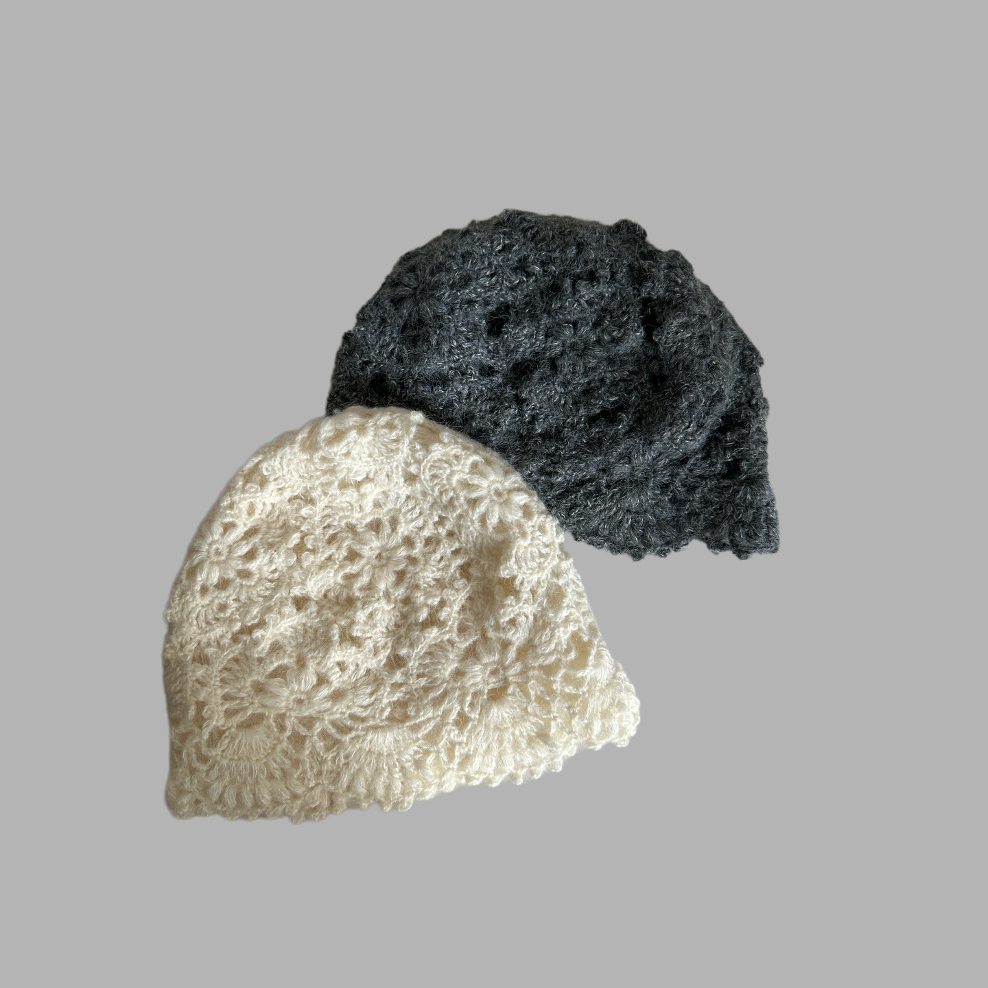 手工针织立体花朵保暖包头帽毛线帽堆堆帽冷帽灰色洋气时髦女士冬