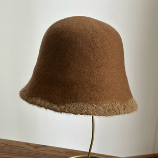 日本驼色灰色蕾丝羊毛呢水桶帽渔夫帽盆帽秋冬复古精致时尚女帽子
