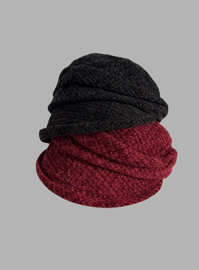 小香风丝绒编织精致优雅小礼帽红色白色渔夫帽盆帽小帽檐秋冬加厚