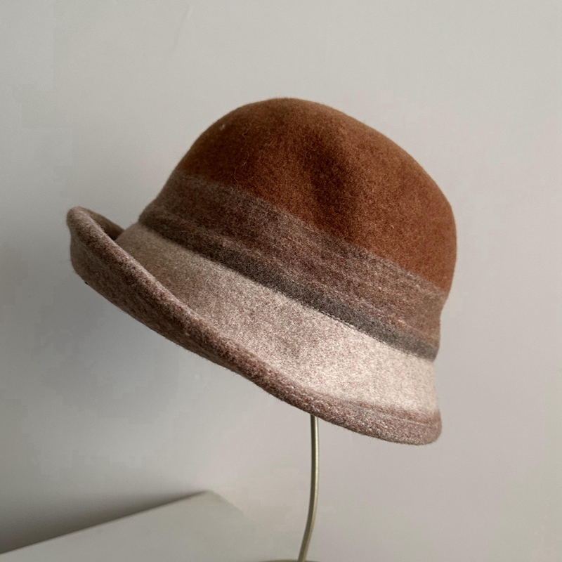 秋冬加厚羊毛渔夫帽盆帽橘色中老年优雅卷边礼帽可折叠显脸小保暖