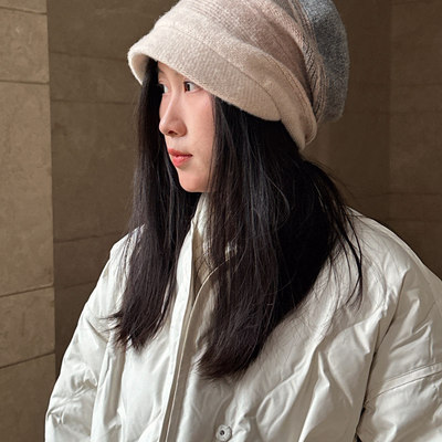 羊绒羊毛针织帽毛线帽堆堆帽冷帽条纹优雅女士妈妈款带帽檐显脸小