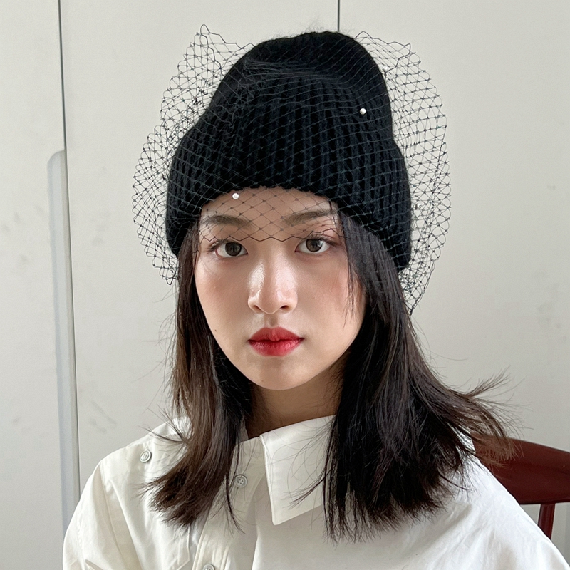 网纱蝴蝶机针织帽帽子女潮流珍珠兔绒羊毛保暖时尚毛线帽冬季优雅