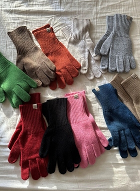 羊毛纯色手套百搭保暖秋冬红色棕色灰色五指分指可玩手机洋气手套