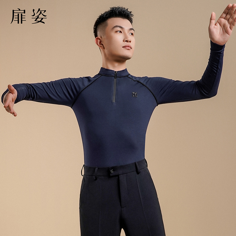 扉姿 男士摩登舞上衣长袖舞蹈练功服拉丁舞服成人跳舞服装F5028