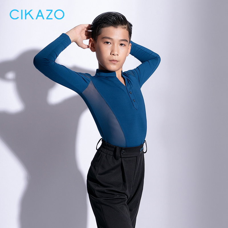 茜卡索 拉丁舞服男童秋冬长袖新款舞蹈练功服上衣小立领男款G5103