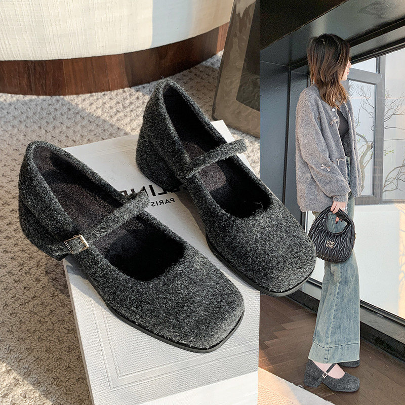 法式方头呢子粗跟单鞋女2025春季新款晚风奶奶鞋气质高跟玛丽珍鞋