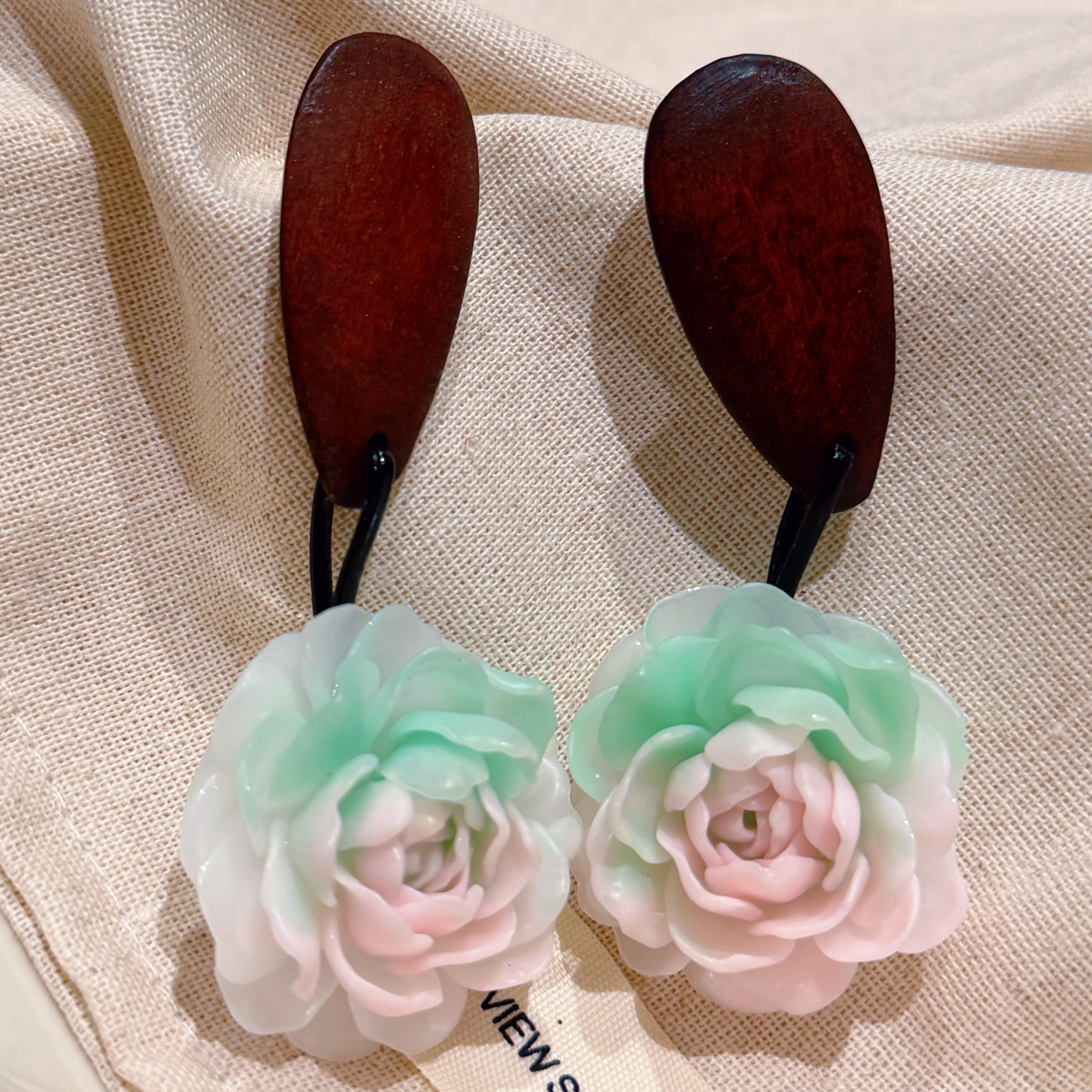 春夏新款木质渐变彩色清新树脂大花耳环复古拼接耳坠温柔气质耳钉