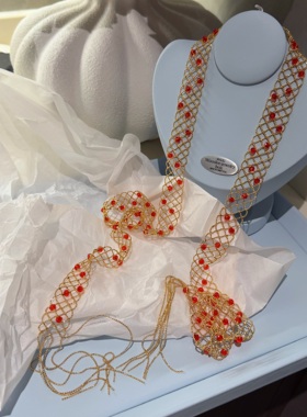 法式金色蕾丝编织红色玻璃长流苏项链小众设计感轻奢千金感锁骨链