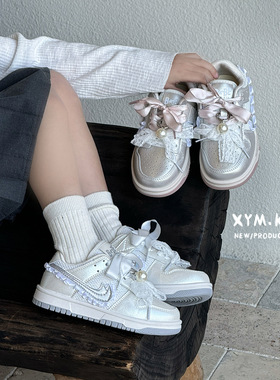 春季新款板鞋儿童运动鞋韩版甜美珍珠蝴蝶结公主鞋甜美花边休闲鞋