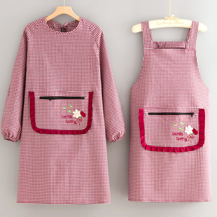 简约棉布长袖罩衣家用厨房围裙防污护衣餐饮饭店服务员专用工作服