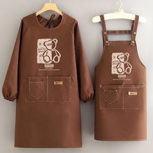 时尚 罩衣女定制logo印字美甲围裙家用厨房防污耐脏工作服 帆布长袖