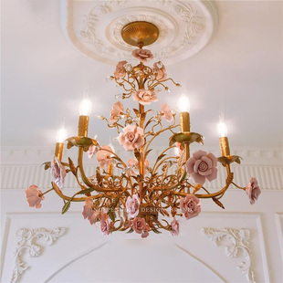 法式复古田园吊灯玫瑰花服装店客餐厅蜡烛灯美式乡村儿童房卧室灯