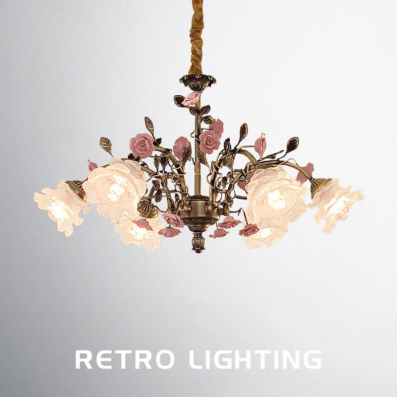 法式全铜吊灯美式复古客厅卧室玫瑰花朵浪漫田园中古餐厅吊灯具