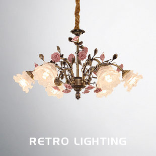 法式全铜吊灯美式复古客厅卧室玫瑰花朵浪漫田园中古餐厅吊灯具