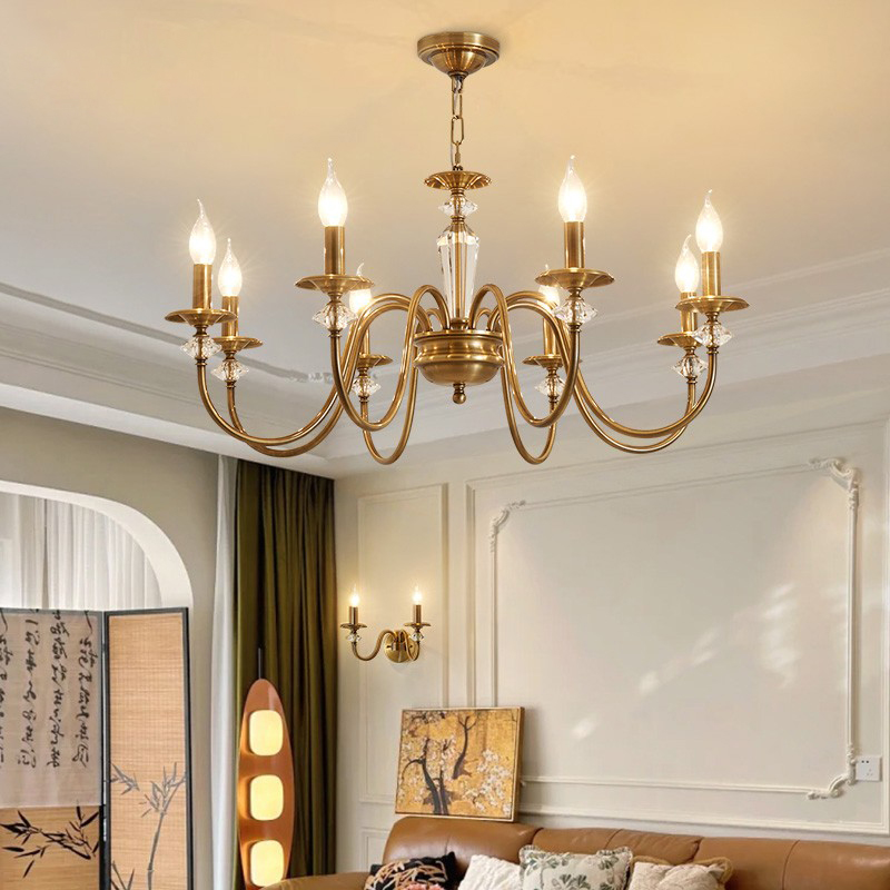 ACNikola美式中古黄铜客厅吊灯法式轻奢复古卧室吊灯简约蜡烛灯具