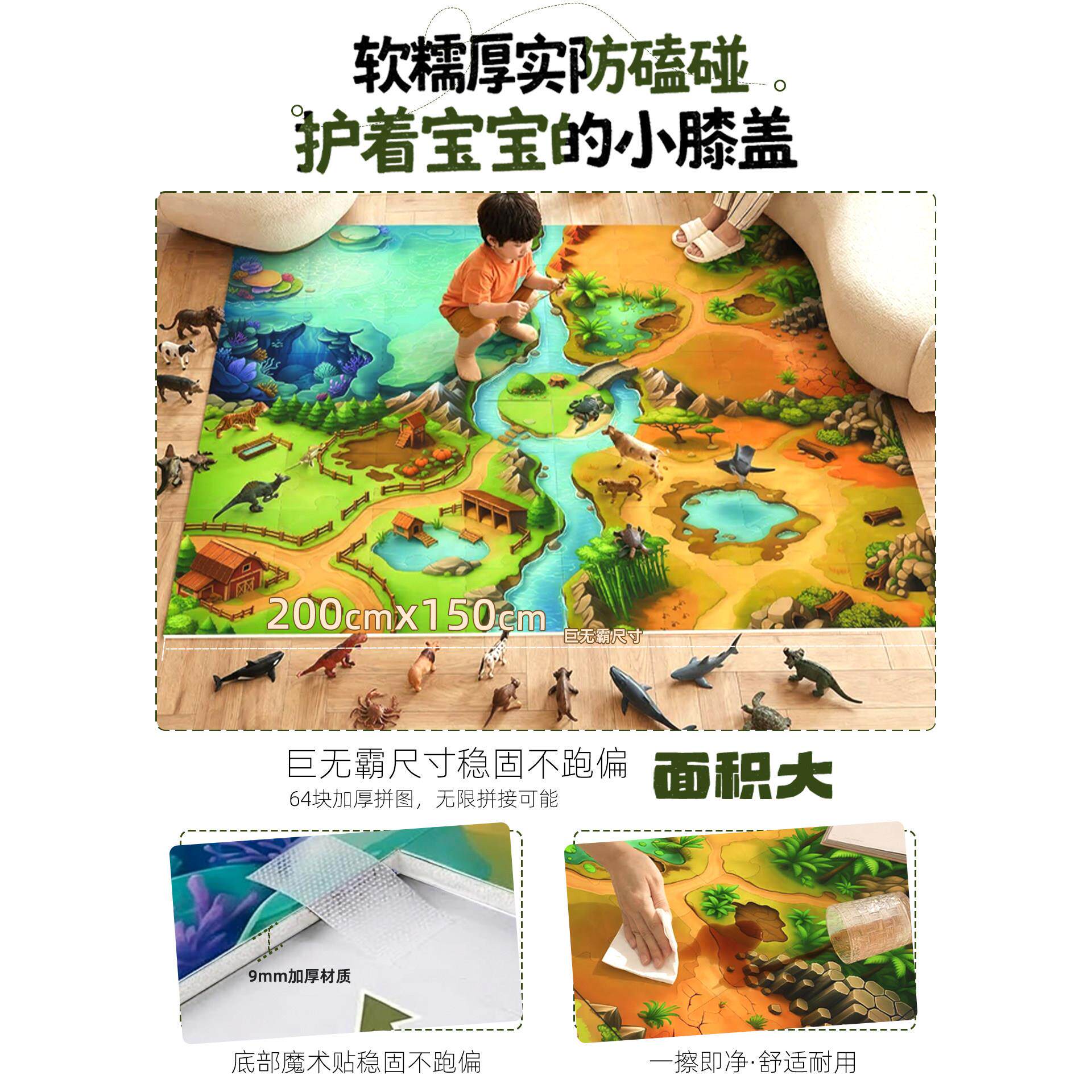 儿童房游戏地毯卧室客厅阳台宝宝爬行地垫仿真动物阅读区爬爬垫子