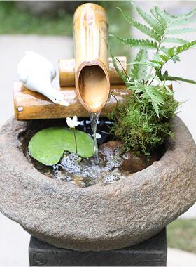 竹排子筒流水循环石槽养鱼盆增氧加湿摆放件庭院户外客厅阳台造景