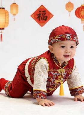 男宝宝周岁礼服新中式唐装抓周服男宝红色喜庆新年装婴幼儿拜年服