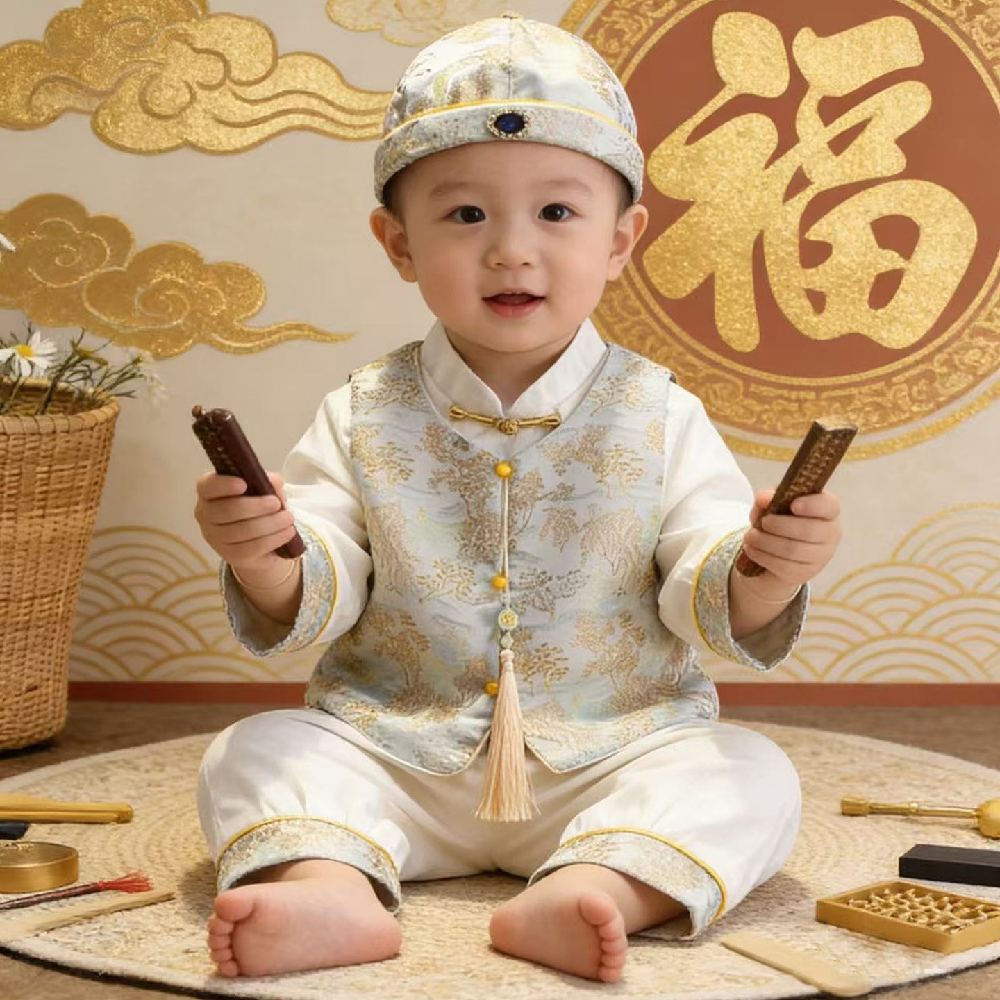 新中式周岁男宝宝春款礼服一岁婴儿生日宴抓周服套装男童国风唐装