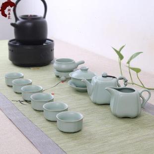 开片哥窑冰裂整套茶壶办公家用礼汝窑 天青色盖碗汝窑功夫茶具套装