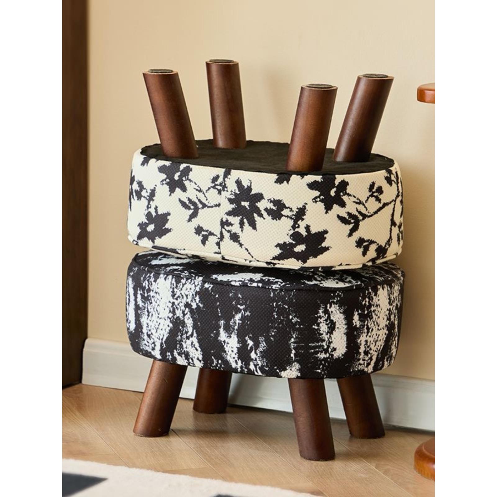 复古家用实木客厅茶几小板凳子门口换鞋凳矮凳高级感软包墩子简约