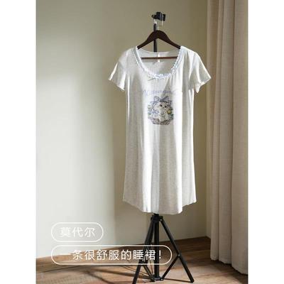 【凉感】带胸垫短袖睡裙女夏莫代尔薄款卡通猫咪睡衣中长版洋装